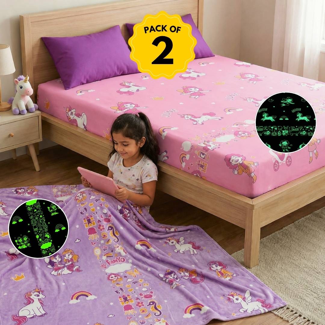 June the Unicorn & Mira the Mermaid Glow in the Dark Quilt/Blanket/AC Comforter & Glow Bedsheet Set for Kids | Soft Flannel Queen Size AC Blanket | Glow Maxx Series