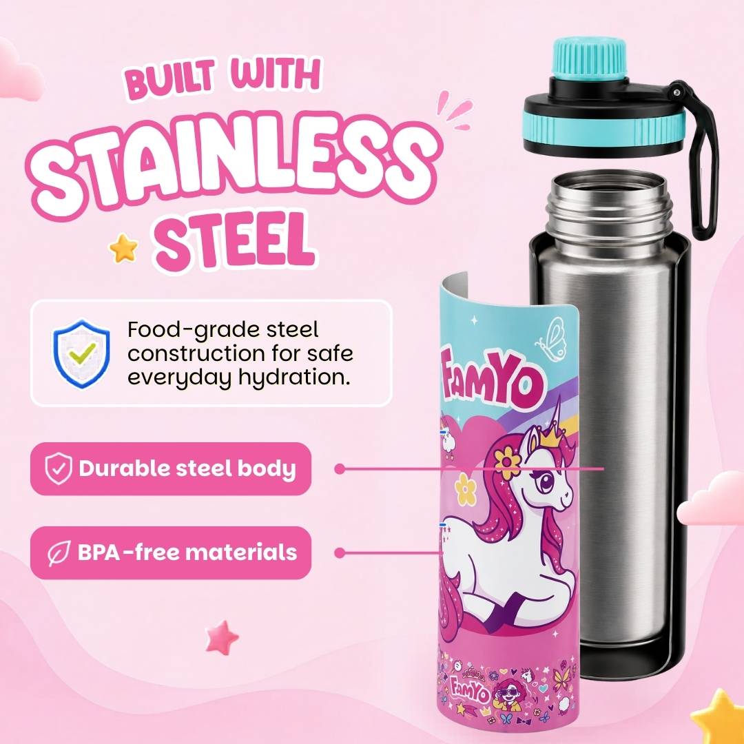 Famyo June the unicron water bottle for kids - 900 ml - school essential - stainless steel - durable - BPA Free materials