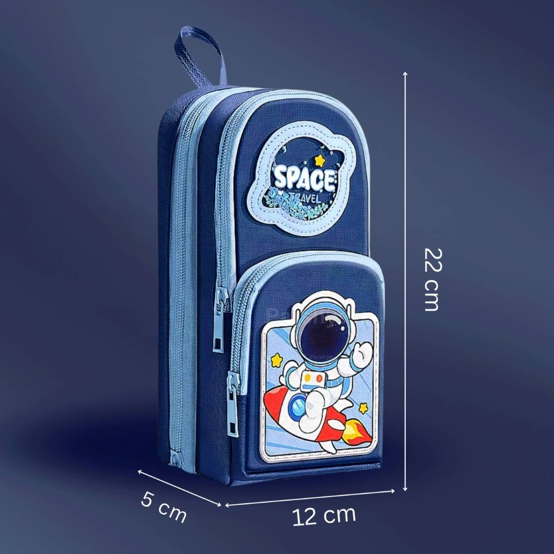 Leo Astronaut 900 ml stainless steel water bottle and Blue Space soft shell pencil pouch combo for kids featuring 3-compartment stationery storage, lightweight design, durable construction, and ideal for school, travel, and everyday use.