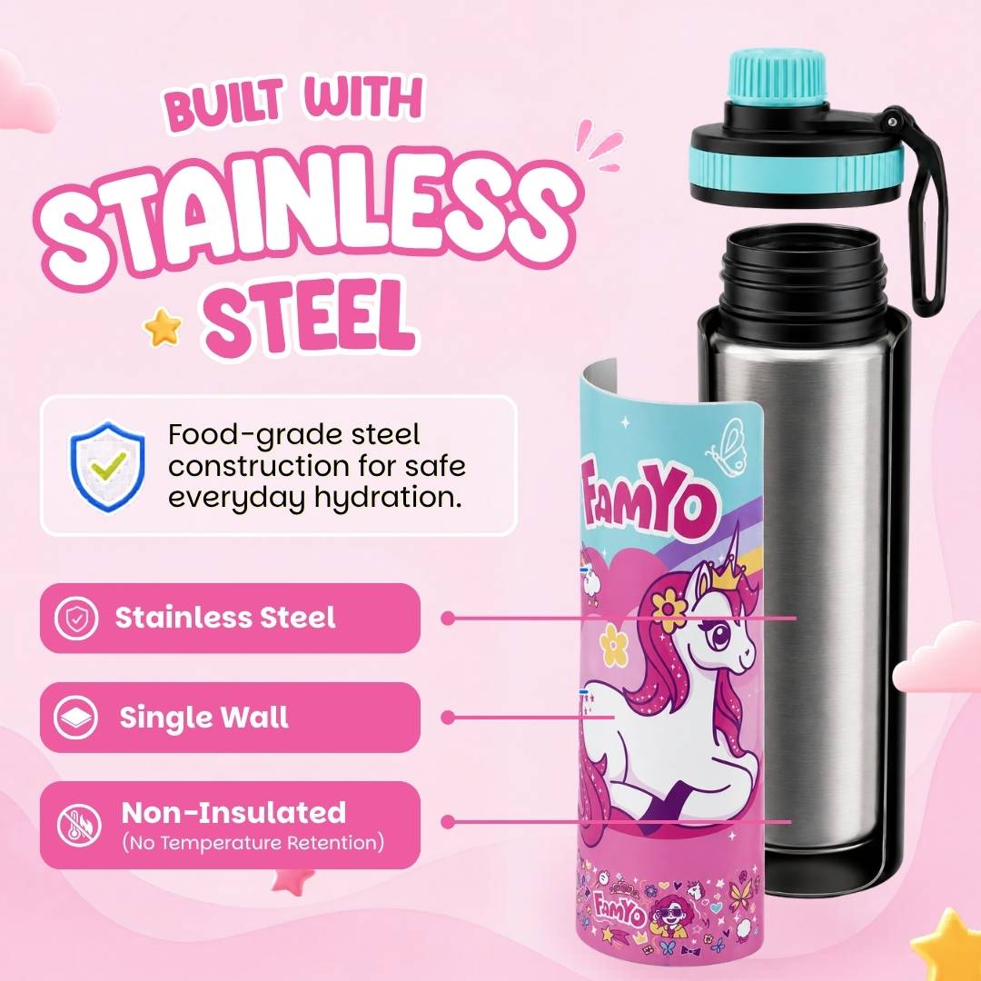 Famyo June the unicron water bottle for kids - 900 ml - school essential - carry loop- wide mouth - lightweight - no more lost caps - single wall - non-insulated