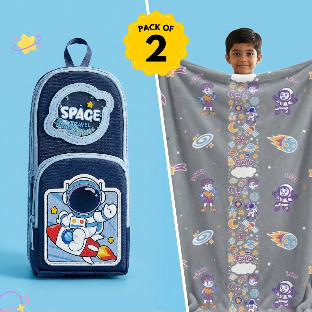 Leo the Astro Glow in the Dark Quilt/Blanket/AC Comforter & Blue Space Pencil Pouch Gift Set for Kids | Queen Size | Glow Maxx Series