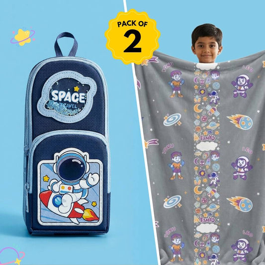 Leo the Astro Glow in the Dark Quilt/Blanket/AC Comforter & Blue Space Pencil Pouch Gift Set for Kids | Queen Size | Glow Maxx Series