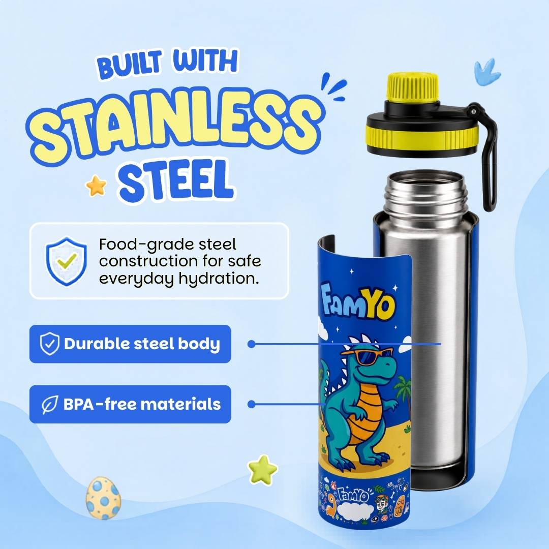 Famyo rexy the dino stainless steel water bottle - durable steel body and BPA free materials 
