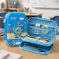 Famyo Blue pencil case with dinosaur design for kids school stationery organisation