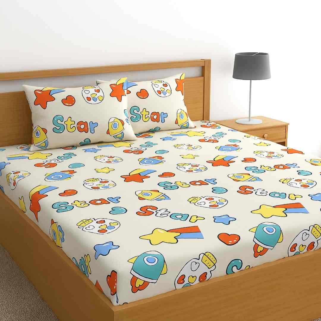 3pc King Size Bedsheet Set – Fitted Bedsheet & 2 Pillow Covers with Zip | Space Bedsheet Set