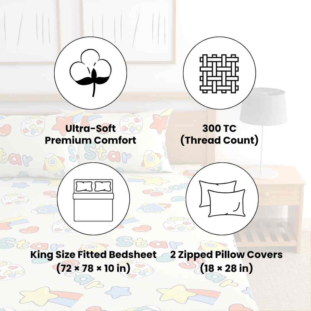 3pc King Size Bedsheet Set – Fitted Bedsheet & 2 Pillow Covers with Zip | Space Bedsheet Set