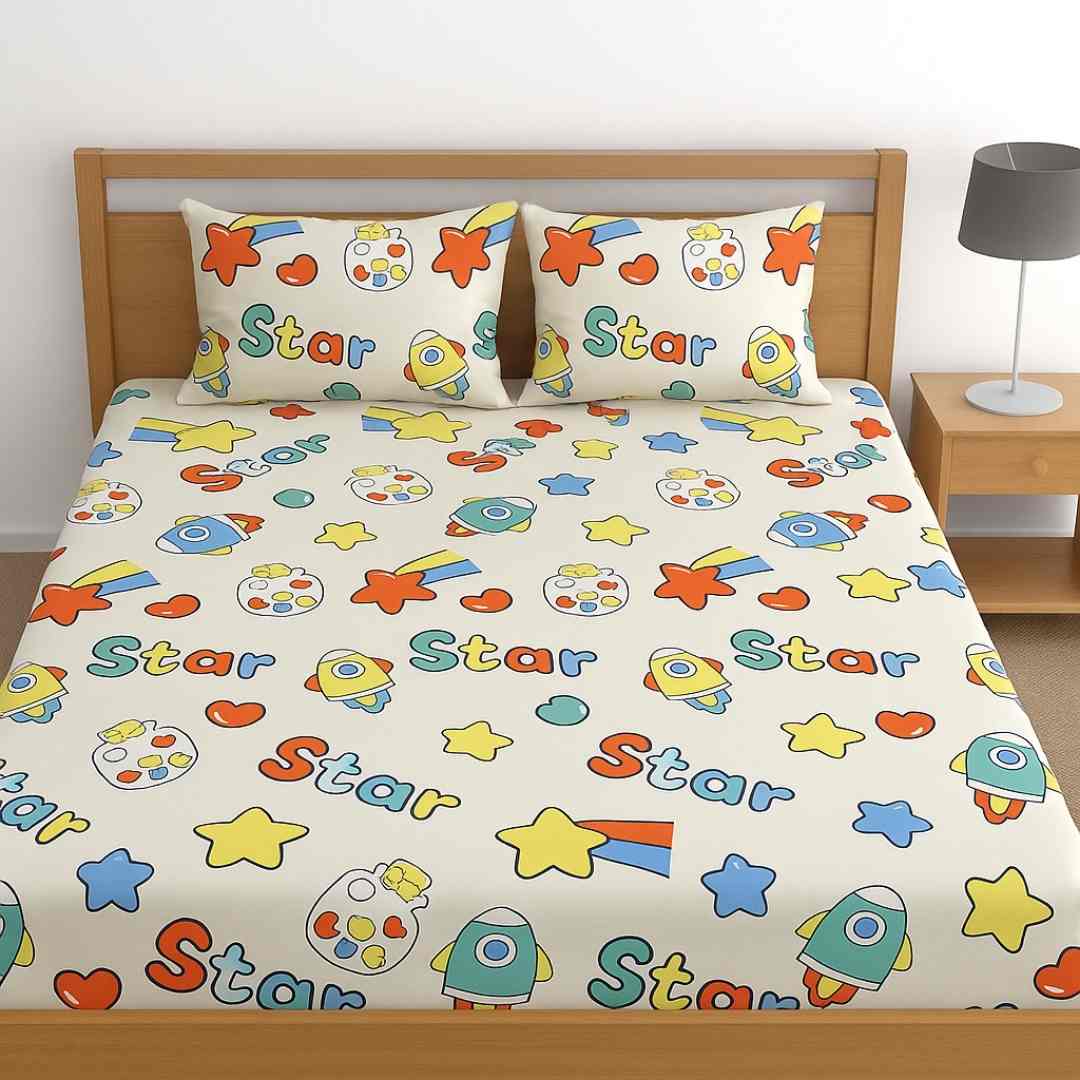 3pc King Size Bedsheet Set – Fitted Bedsheet & 2 Pillow Covers with Zip | Space Bedsheet Set