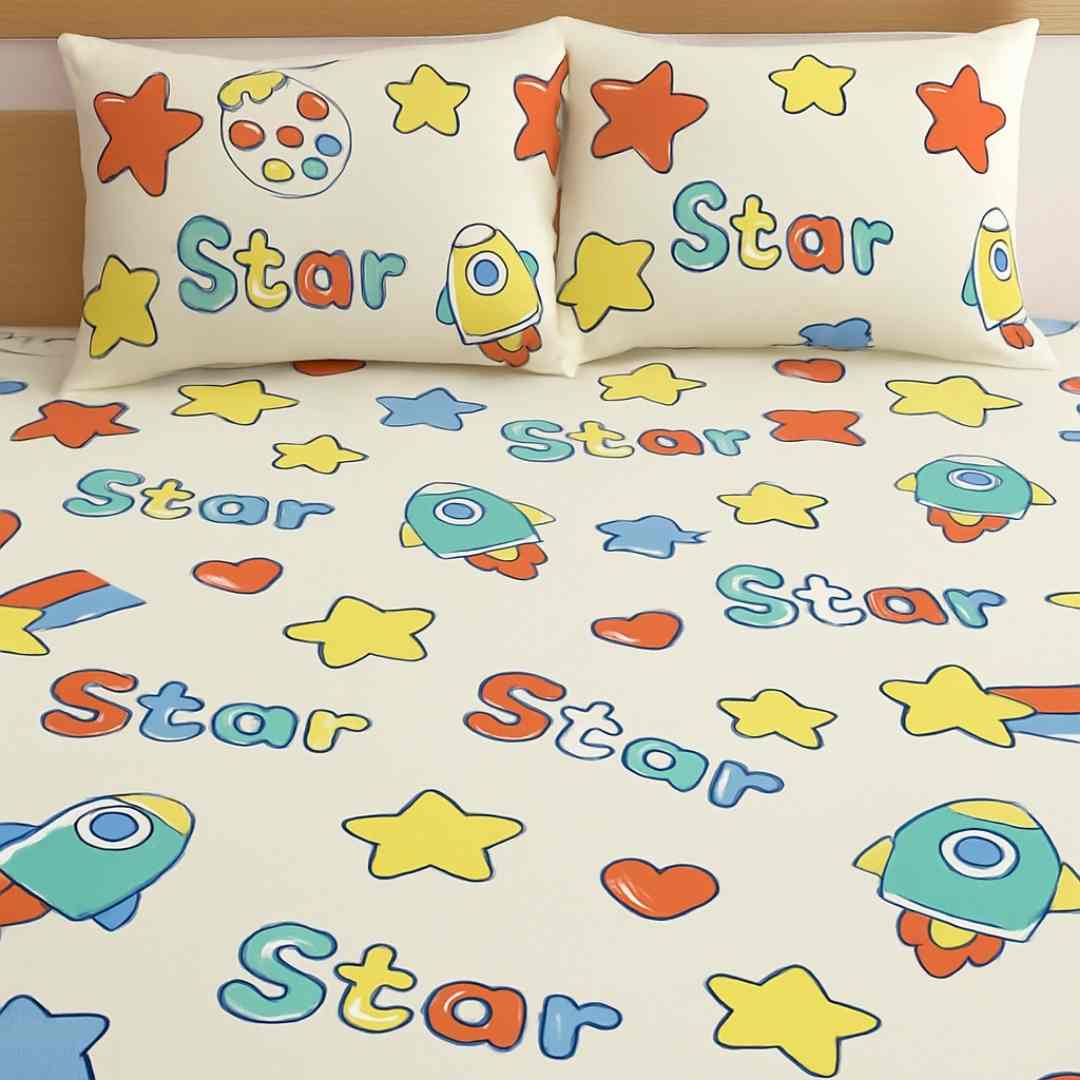 3pc King Size Bedsheet Set – Fitted Bedsheet & 2 Pillow Covers with Zip | Space Bedsheet Set