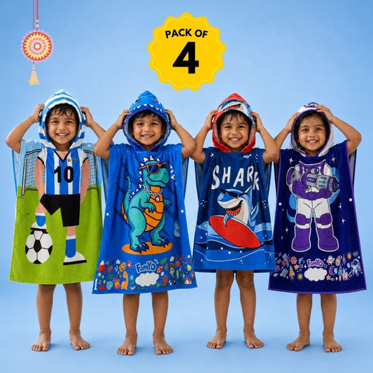 Football, Rexy the Dino, Dark Blue Shark, and Dark Blue Astronaut hooded poncho towel set of 4 for kids, featuring soft quick-dry microfiber towels for bath time, swimming, beach trips, pool days, and travel.