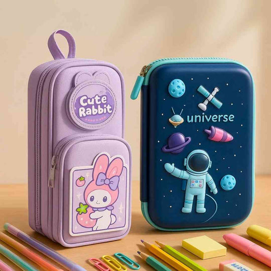 Famyo School Supplies Bundle – Pink Rabbit Pencil Pouch for Girls + Blue Space Pencil Box for Boys | 3-Compartment Zipper Pouch + Hard Shell Pencil Box Combo