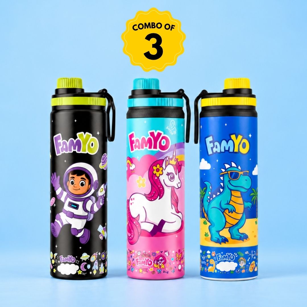 Leo the Astronaut, Rexy the Dinosaur & June the Unicorn Water Bottle Set for Kids | 900 ML Stainless Steel School Water Bottles