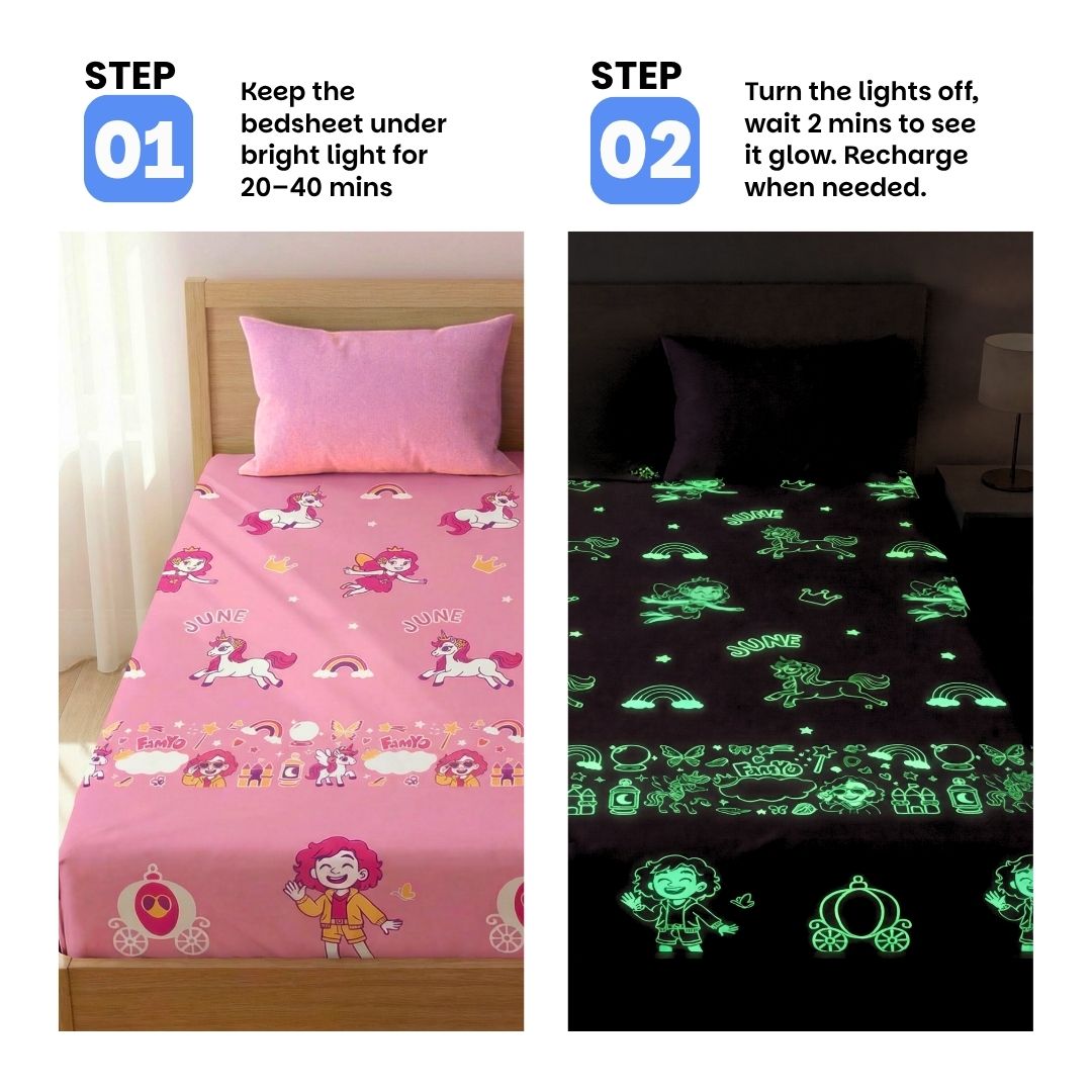 June & Fairy Unicorn Glow in the Dark Quilt/Blanket/AC Comforter, June Unicorn Glow Bedsheet & Hooded Poncho Towel Set for Kids