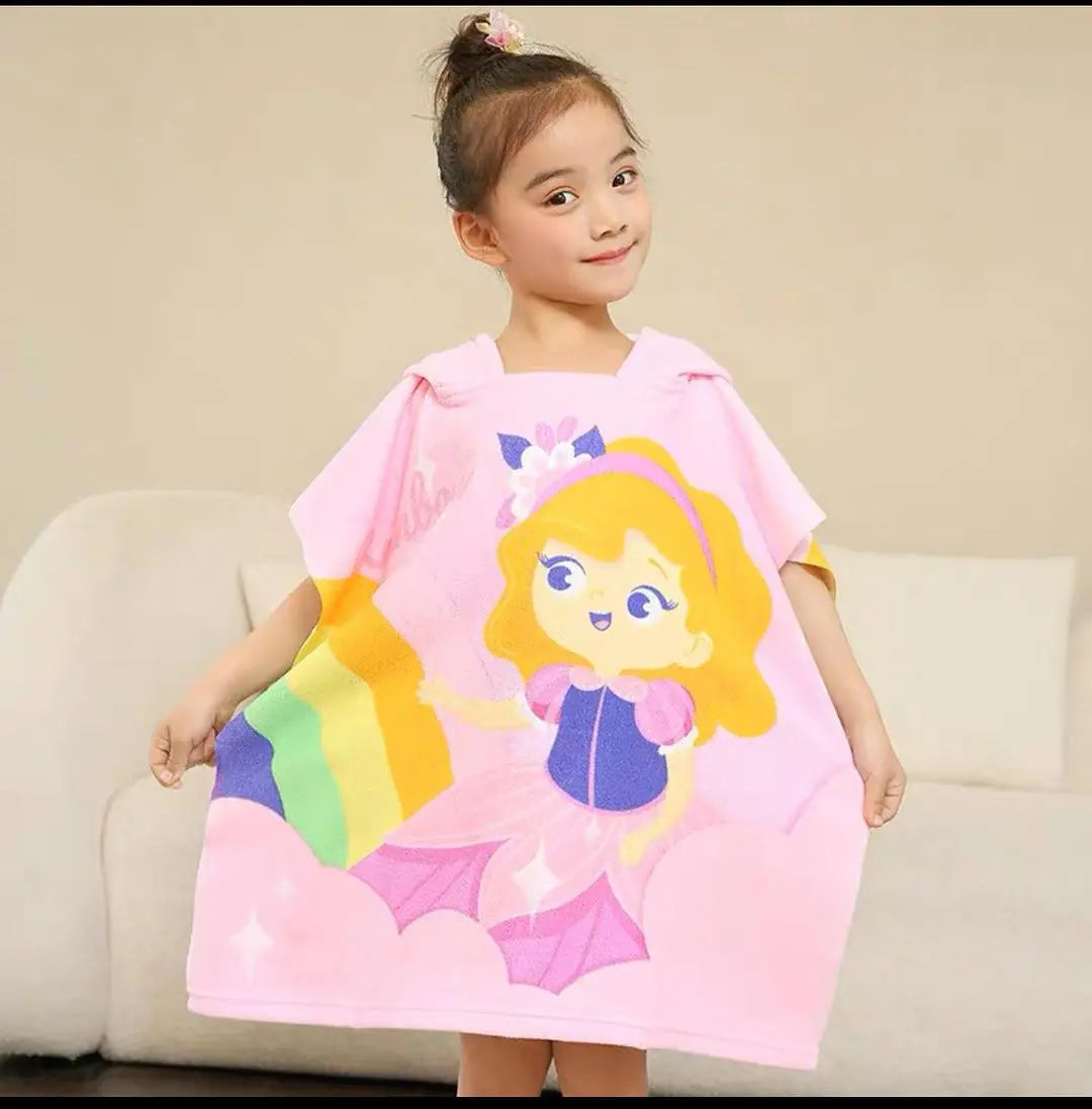 Princess Rainbow Girl Poncho Towel for Kids | Hooded Bath Towels for Girls | 60 x 60cm Toddler Pool Towel with Hood, 1-7 years