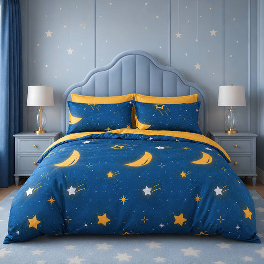 Moon & Star King Size AC Comforter Set | 4 & 5 Piece Options | 250 TC Cotton Fitted Bedsheet | 150 GSM Lightweight All-Season Bedding Set with Pillow Covers