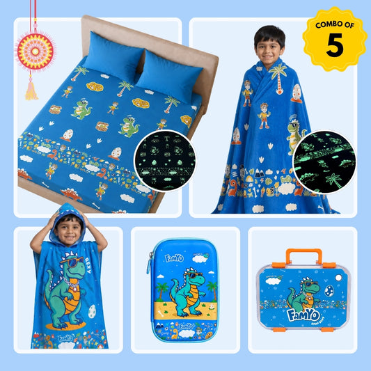 Rexy the Dinosaur Complete Set for Kids | Glow Blanket, Bedsheet, Bento Box, Poncho Towel & Hard Shell Pencil Pouch | 5-Piece Gift Set