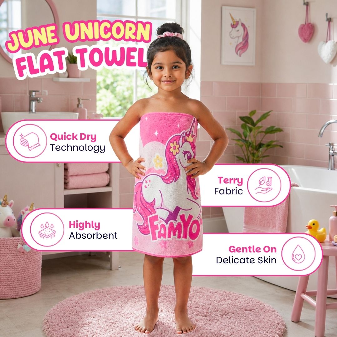 June the Unicorn kids towel featuring soft quick-dry terry fabric, lightweight absorbent design, 70 × 140 cm size, and ideal for bath, beach, pool, swimming, travel, and everyday use.