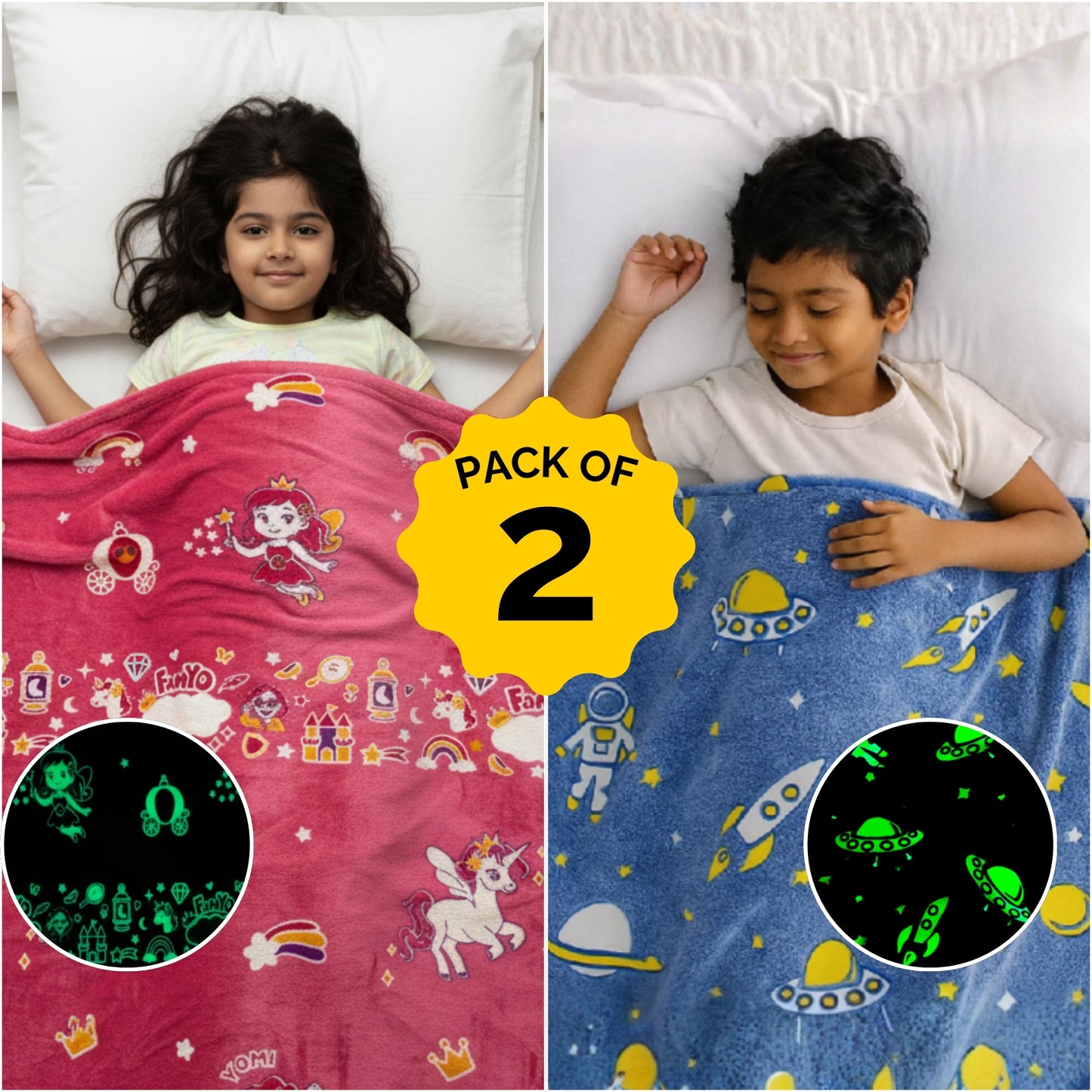 Astronaut & June the Unicorn Glow in the Dark Blankets for Kids | Set of 2 Soft Glow Blankets | Safe, Skin-Friendly Throw Blankets | Ages 0–15 Years