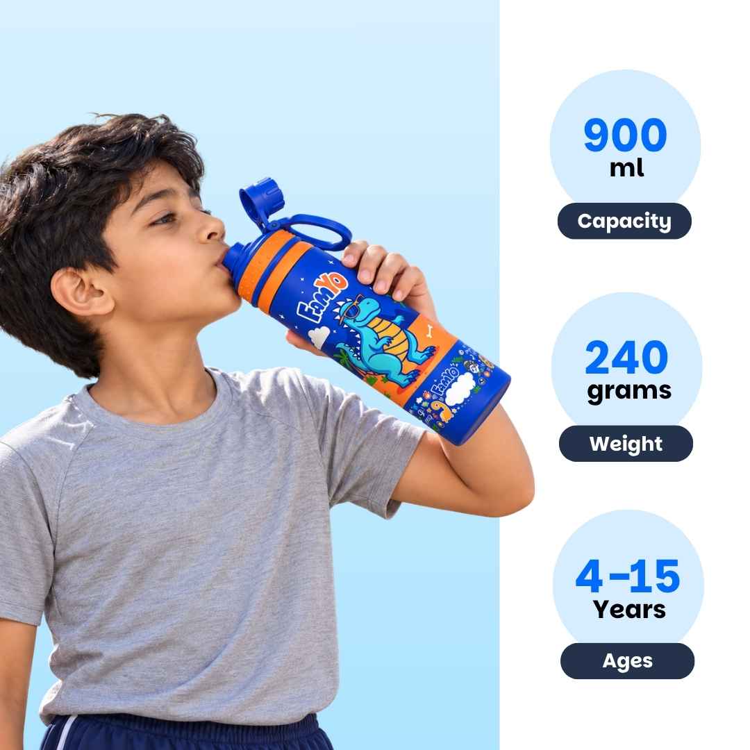 Kids stainless steel water bottle available in June the Unicorn, Rexy the Dinosaur, Leo the Astronaut, Dark Blue Astronaut, and Lavender Unicorn designs, featuring a 900 ml capacity, ideal for school, travel, and everyday hydration.