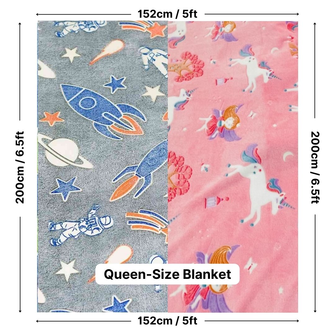 Rocket Spaceship & Pink Unicorn Glow Blanket Set of 2 | Soft Flannel AC Blankets for All-Season | Perfect Gift for Kids