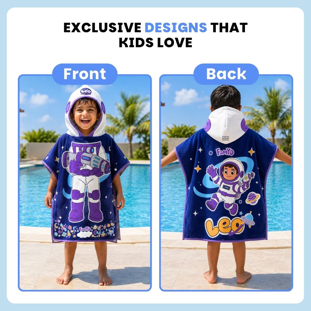 Dark Blue Astronaut hooded poncho towel for kids featuring ultra-soft quick-dry microfiber fabric, lightweight wearable design, attached hood, knee-length coverage, and ideal for bath, beach, pool, swimming, travel, and everyday use.
