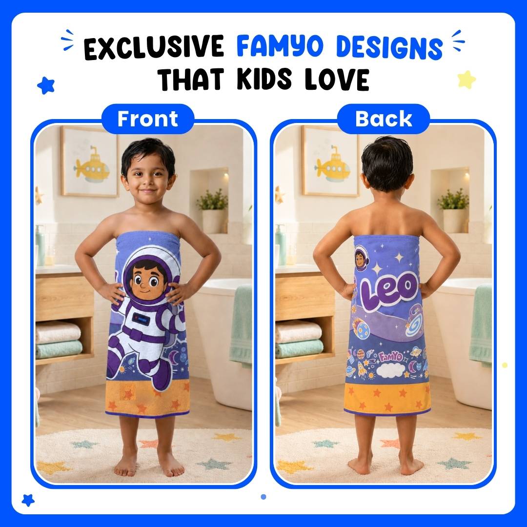 Famyo Leo the Astronaut Flat Towel for Kids made with premium microfiber fabric featuring quick dry technology, lightweight and travel friendly design, fade resistant print, soft and highly absorbent for bath, beach, swimming and everyday use.