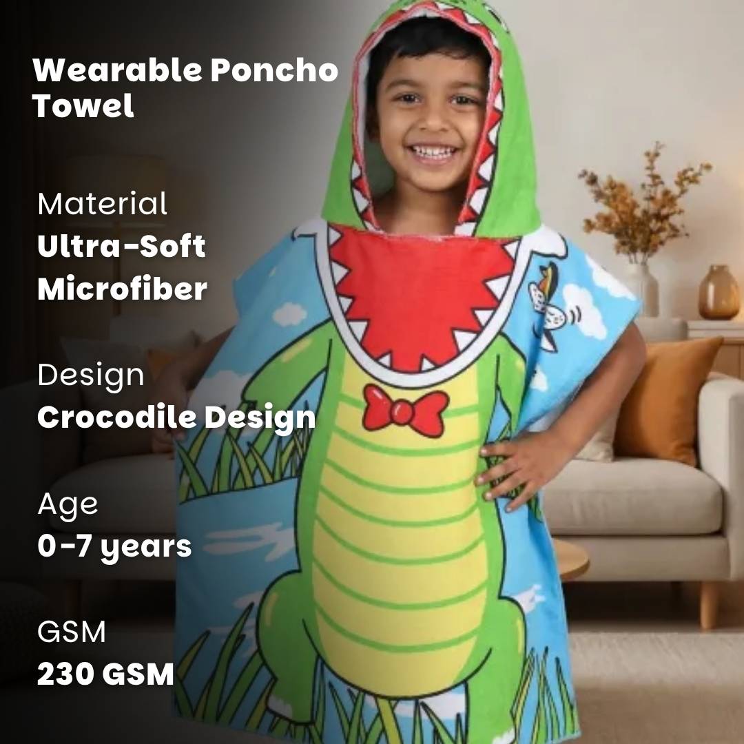 Pirate Baby Shark and Crocodile hooded poncho towel set for kids featuring premium quick-dry microfiber fabric, soft and lightweight wearable design, high absorbency, hooded coverage, travel-friendly construction, and perfect for bath time, swimming lessons, beach trips, pool days, vacations, and everyday use.