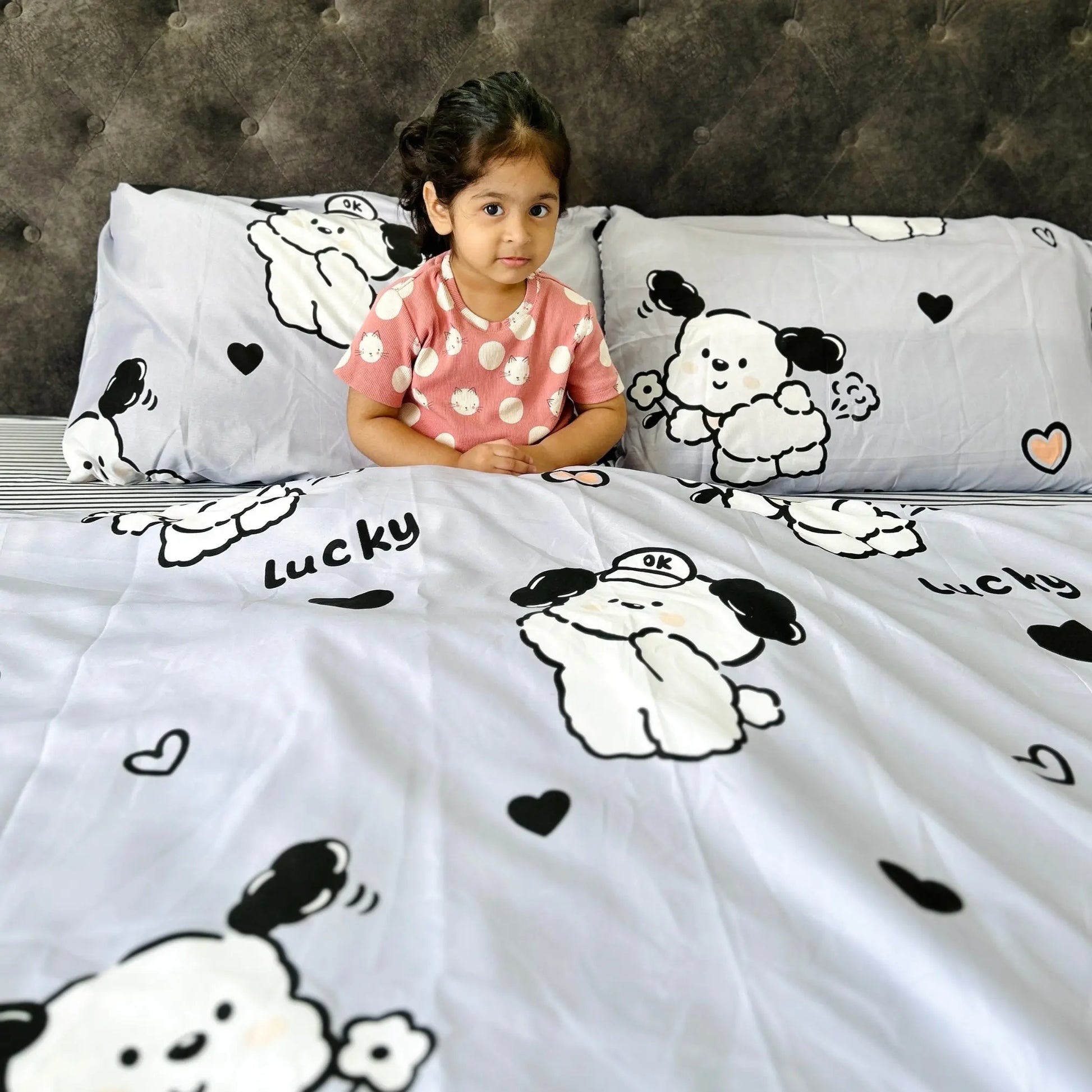 4pc Kids Bed Set – King Size Fitted Bedsheet , Comforter Cover & 2 Pillow Covers | Cute Puppy & Flowers Theme Famyo Shop WH