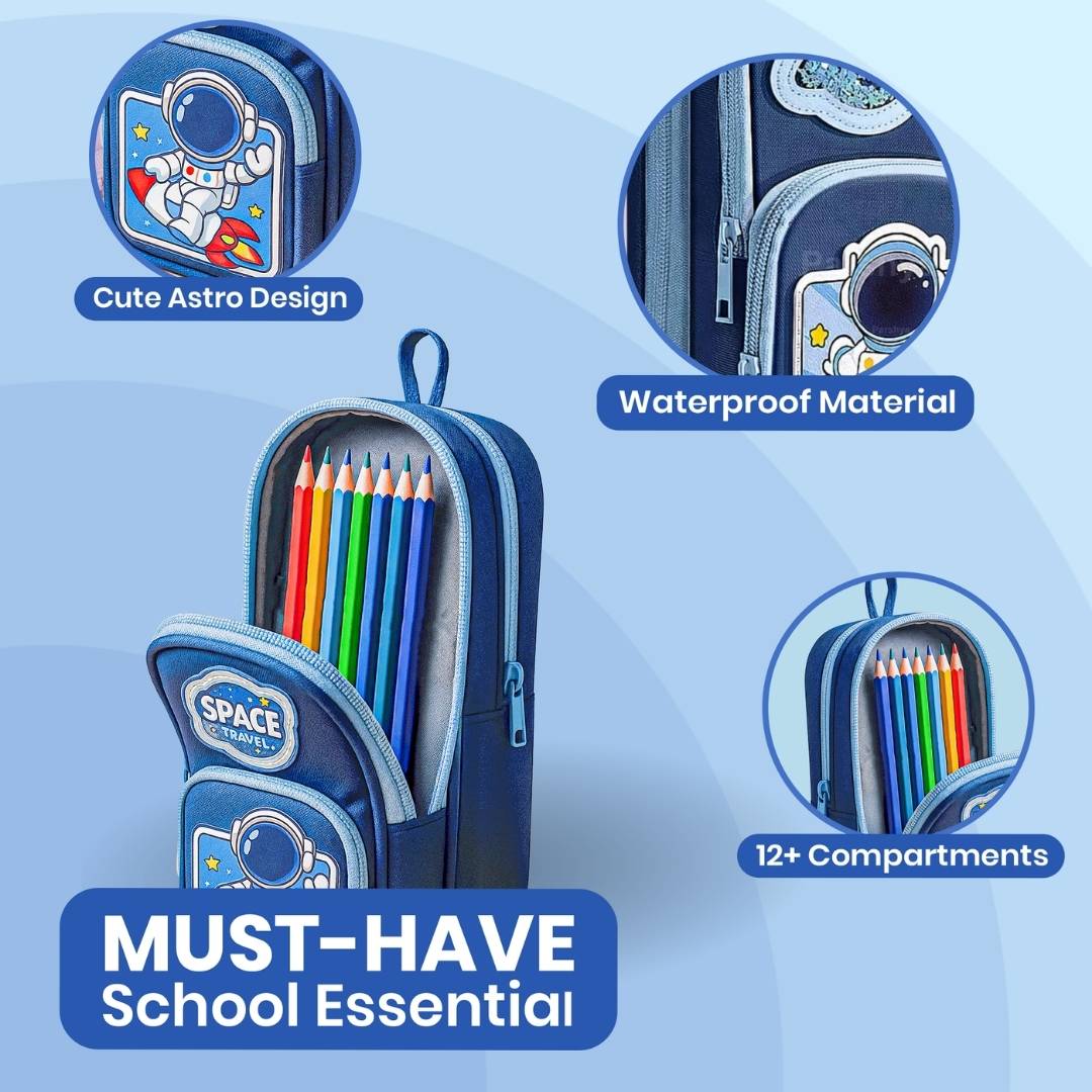 Leo Astronaut 900 ml stainless steel water bottle and Blue Space soft shell pencil pouch combo for kids featuring 3-compartment stationery storage, lightweight design, durable construction, and ideal for school, travel, and everyday use.