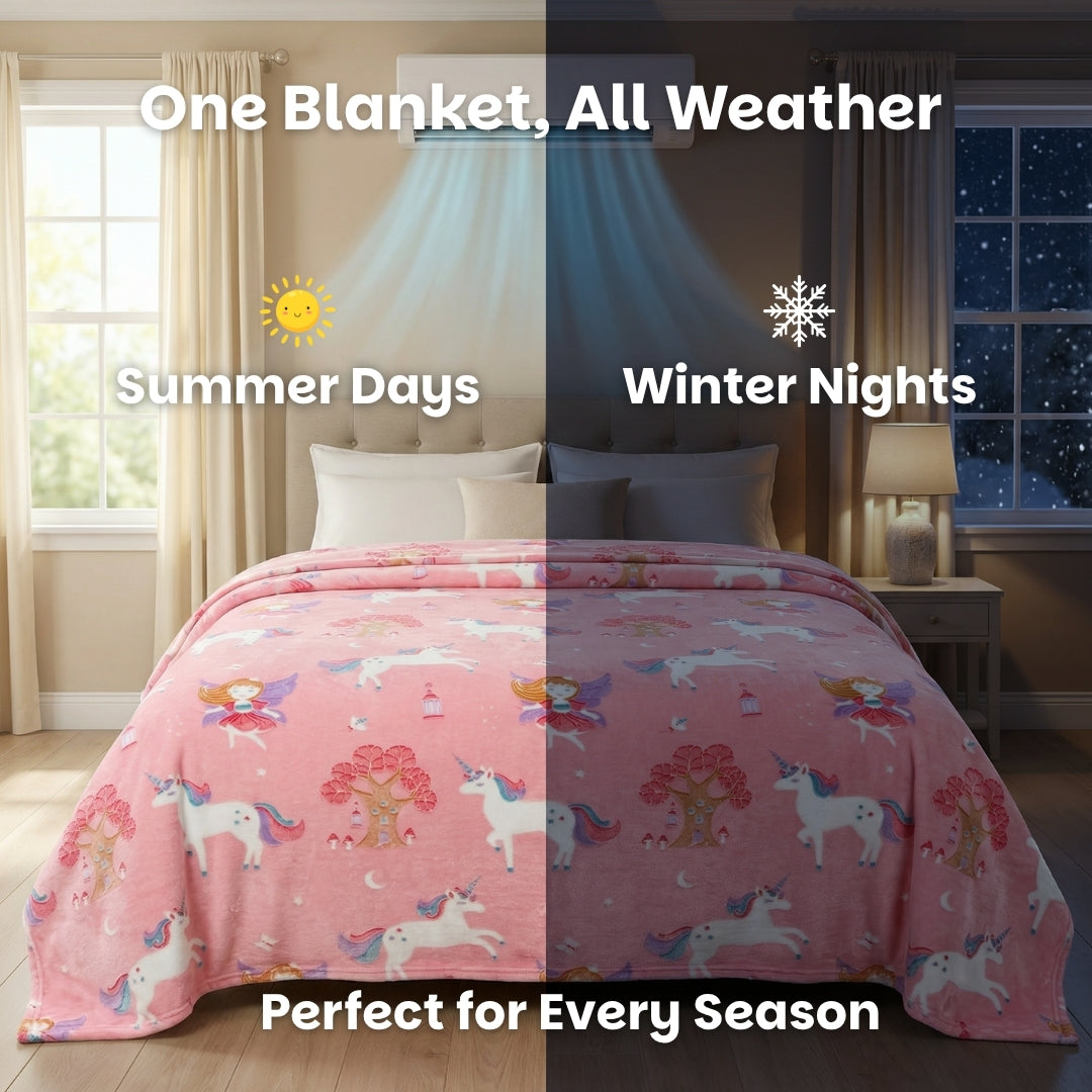 Pink Unicorn Glow Blanket | Soft Flannel AC Blanket for All-Season | Perfect Gift for Kids