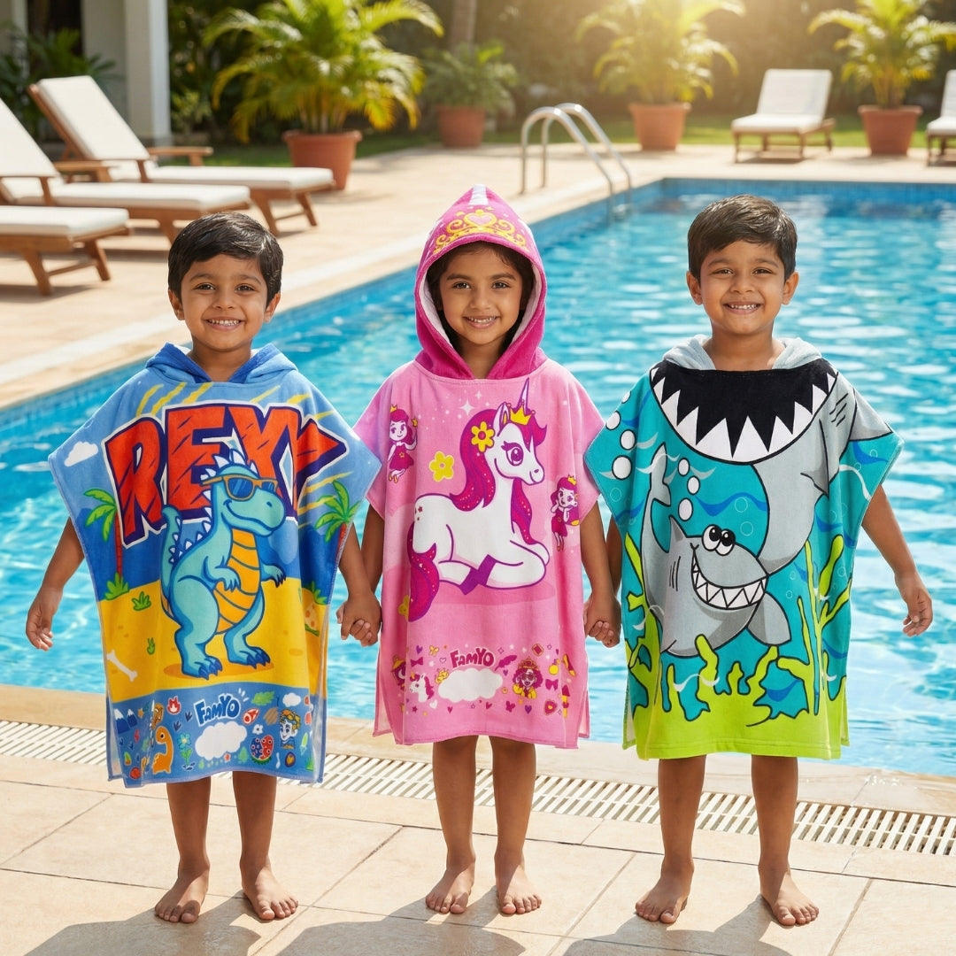 Rexy the Dino, June the Unicorn & Crocodile Poncho Towels – Set of 3 | Quick-Dry Microfiber Hooded Kids Towels (1–7 Years)