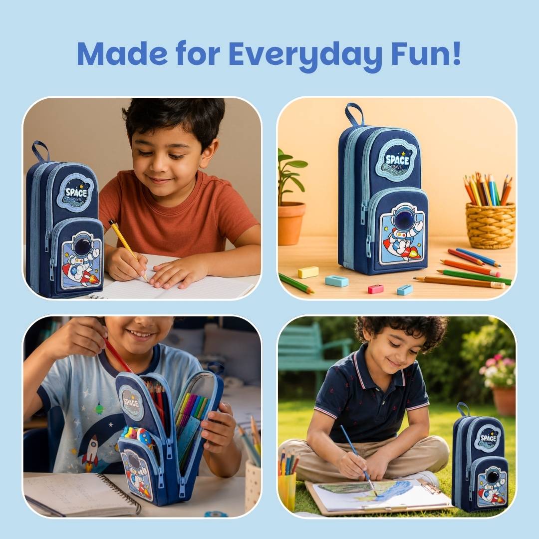 Leo Astronaut 900 ml stainless steel water bottle and Blue Space soft shell pencil pouch combo for kids featuring 3-compartment stationery storage, lightweight design, durable construction, and ideal for school, travel, and everyday use.