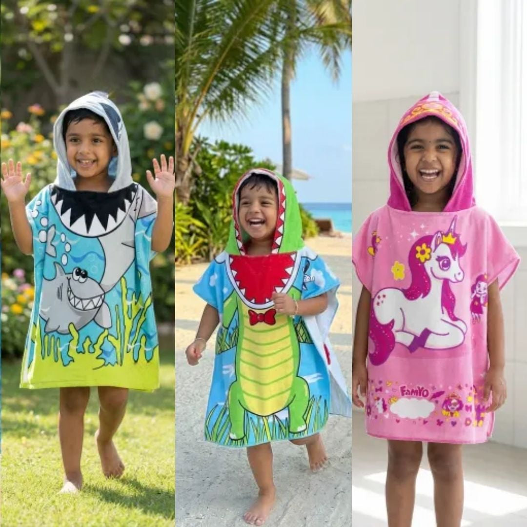 Famyo Set of 3 hooded poncho towel for kids - june the unocrn, crocodile and shark designs for your kids