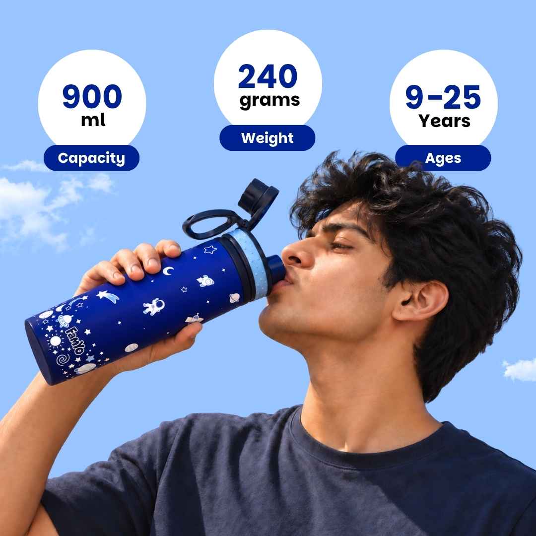 Kids stainless steel water bottle available in June the Unicorn, Rexy the Dinosaur, Leo the Astronaut, Dark Blue Astronaut, and Lavender Unicorn designs, featuring a 900 ml capacity, ideal for school, travel, and everyday hydration.