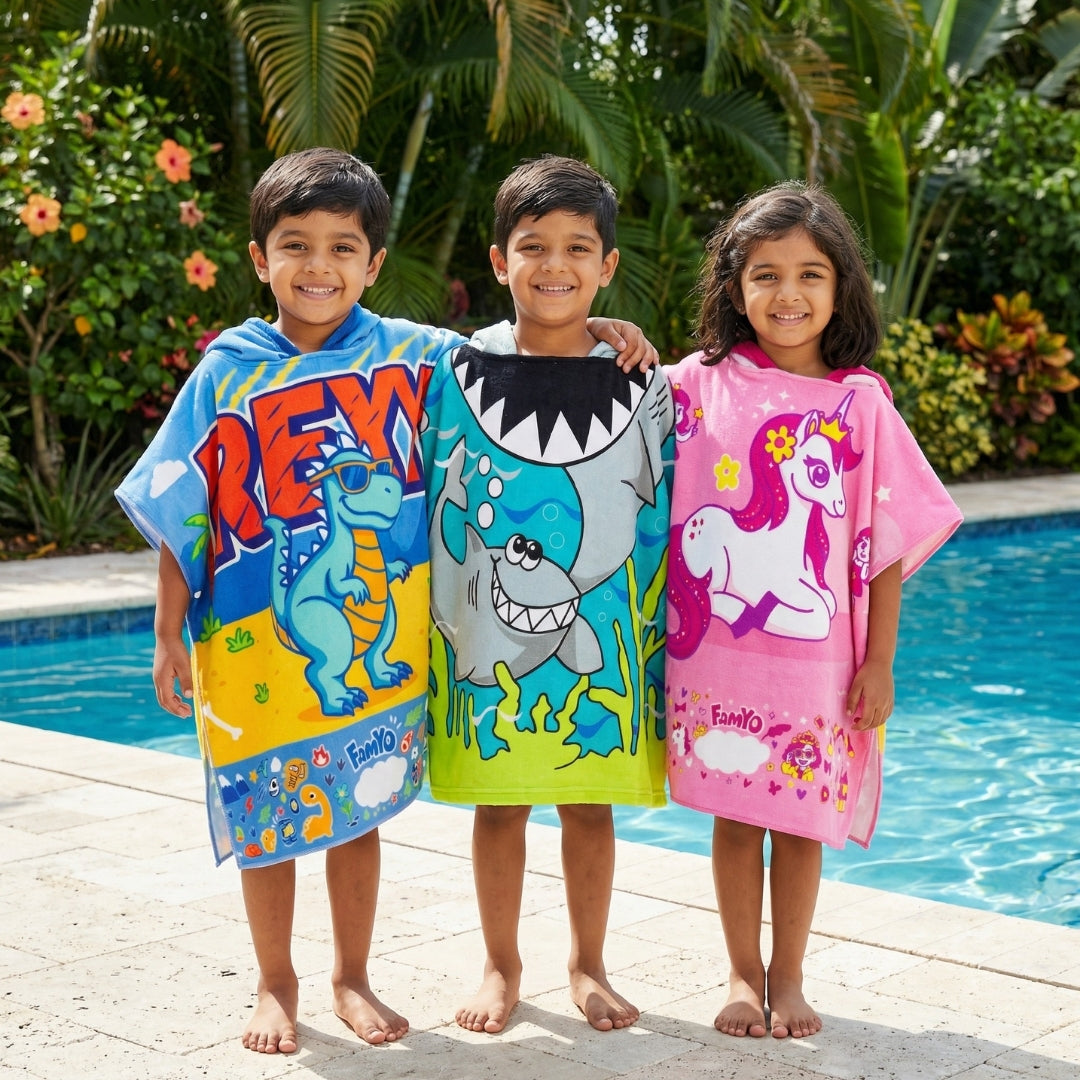 Rexy the Dino, June the Unicorn & Crocodile Poncho Towels – Set of 3 | Quick-Dry Microfiber Hooded Kids Towels (1–7 Years)