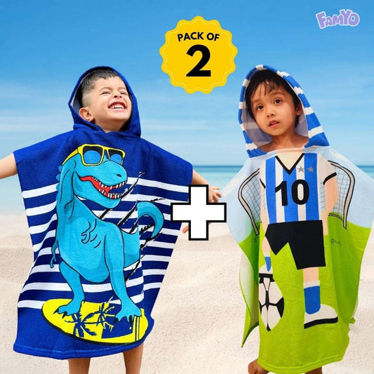 Famyo Poncho Towel Set of 2, Bundle Offer - Cool Blue Dino & Football