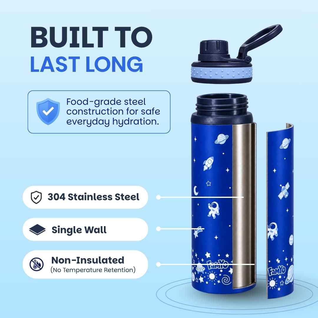 Kids stainless steel water bottle available in June the Unicorn, Rexy the Dinosaur, Leo the Astronaut, Dark Blue Astronaut, and Lavender Unicorn designs, featuring a 900 ml capacity, ideal for school, travel, and everyday hydration.