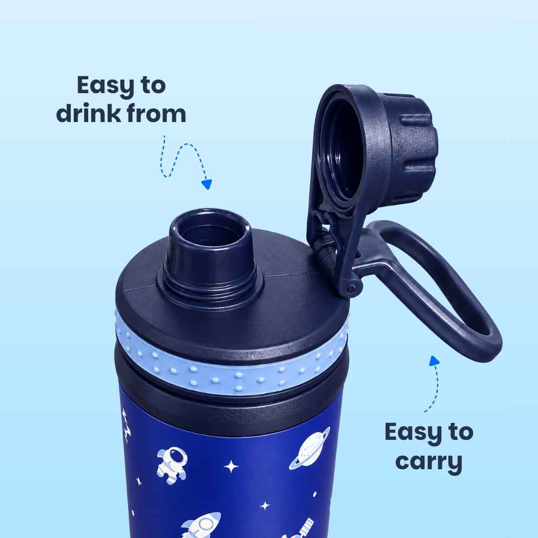 Kids stainless steel water bottle available in June the Unicorn, Rexy the Dinosaur, Leo the Astronaut, Dark Blue Astronaut, and Lavender Unicorn designs, featuring a 900 ml capacity, ideal for school, travel, and everyday hydration.