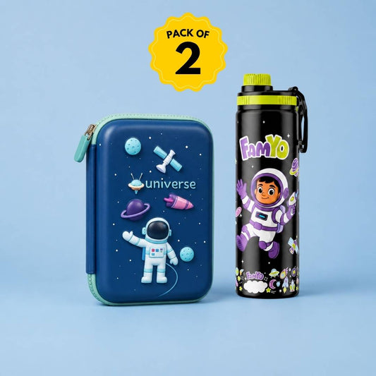 Leo Astronaut water bottle and Blue Space hard shell pencil pouch combo for kids featuring a 900 ml stainless steel bottle, durable EVA pencil pouch, spacious stationery storage, lightweight design, and ideal for school, travel, and everyday use.