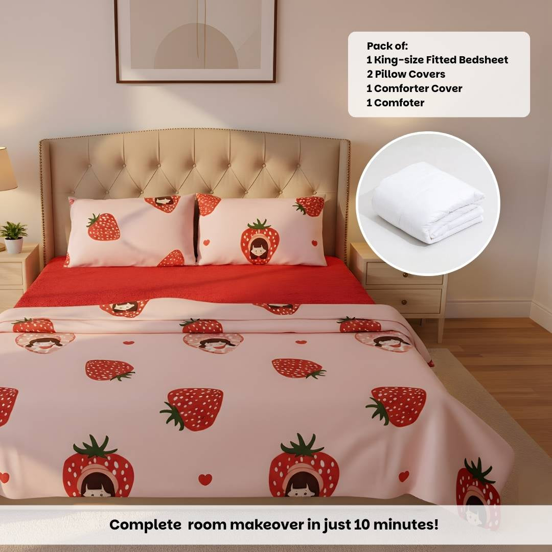 Strawberry Pink 250TC King Bed Sheet Set (Set of 4 or Set of 5)