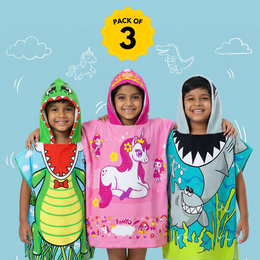 Famyo Set of 3 hooded poncho towel for kids - june the unocrn, crocodile and shark designs for your kids