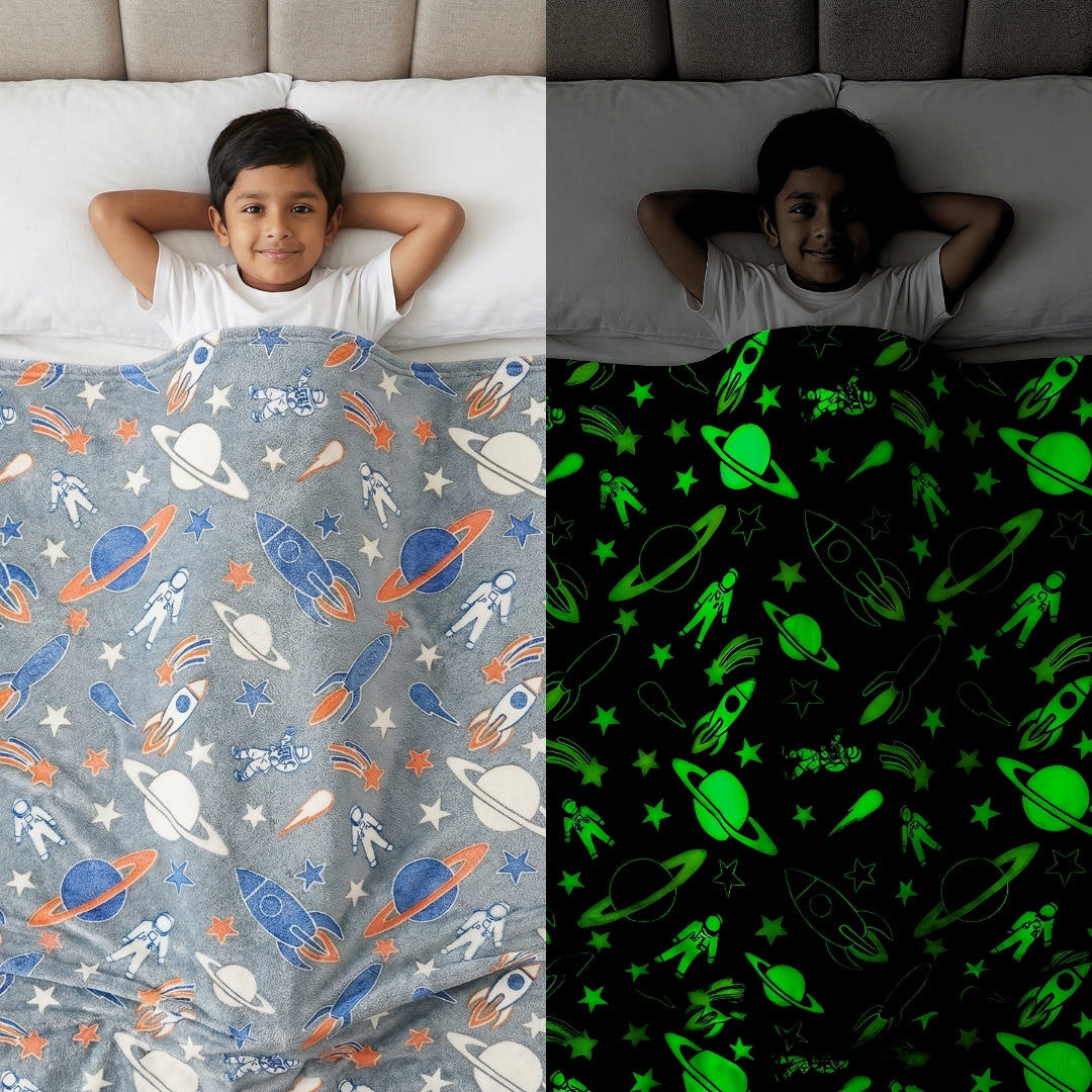 Rocket & Spaceship Glow Blanket | Soft Flannel AC Blanket for All-Season | Perfect Gift for Kids