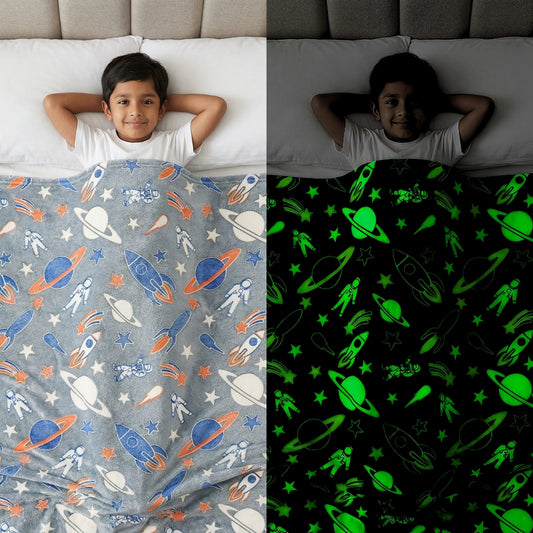 Rocket & Spaceship Glow Blanket | Soft Flannel AC Blanket for All-Season | Perfect Gift for Kids