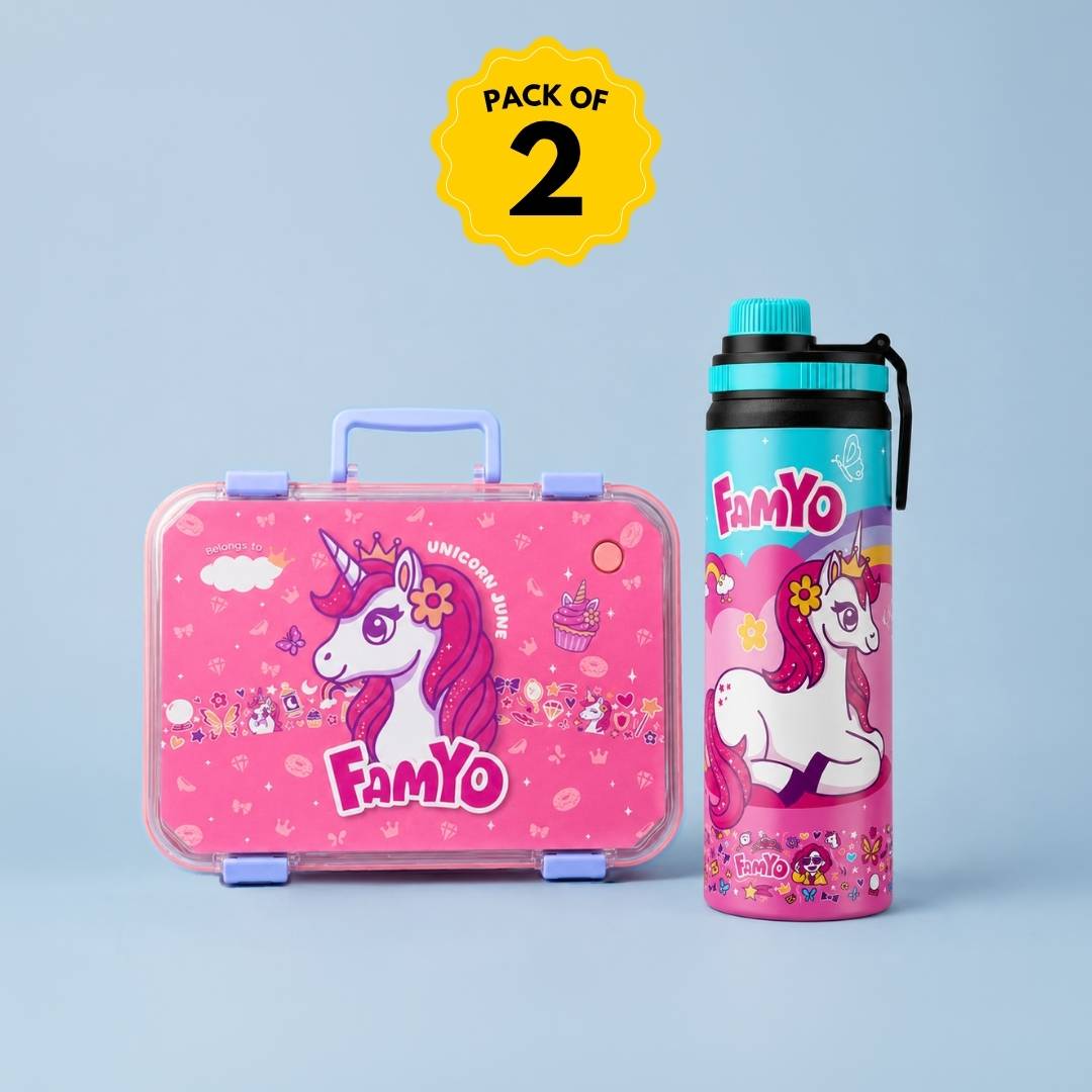 Famyo pack of 2 june the unicorn bento lunch box and water bottle for kids