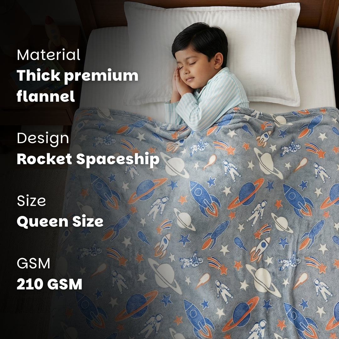 Rocket & Spaceship Glow Blanket | Soft Flannel AC Blanket for All-Season | Perfect Gift for Kids