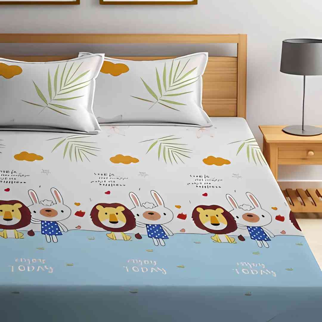 3pc King Size Bedsheet Set – Fitted Bedsheet & 2 Zipped Pillow Covers | Lion & Rabbit Kids Bedding Famyo Shop WH