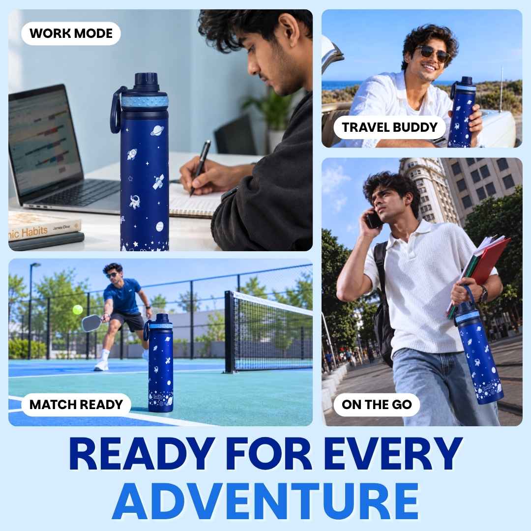 Kids stainless steel water bottle available in June the Unicorn, Rexy the Dinosaur, Leo the Astronaut, Dark Blue Astronaut, and Lavender Unicorn designs, featuring a 900 ml capacity, ideal for school, travel, and everyday hydration.