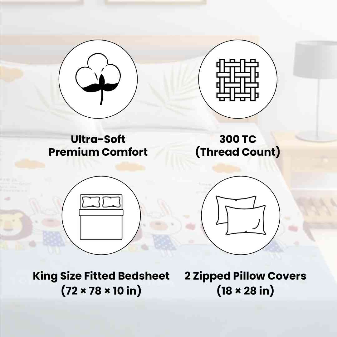 3pc King Size Bedsheet Set – Fitted Bedsheet & 2 Zipped Pillow Covers | Lion & Rabbit Kids Bedding Famyo Shop WH