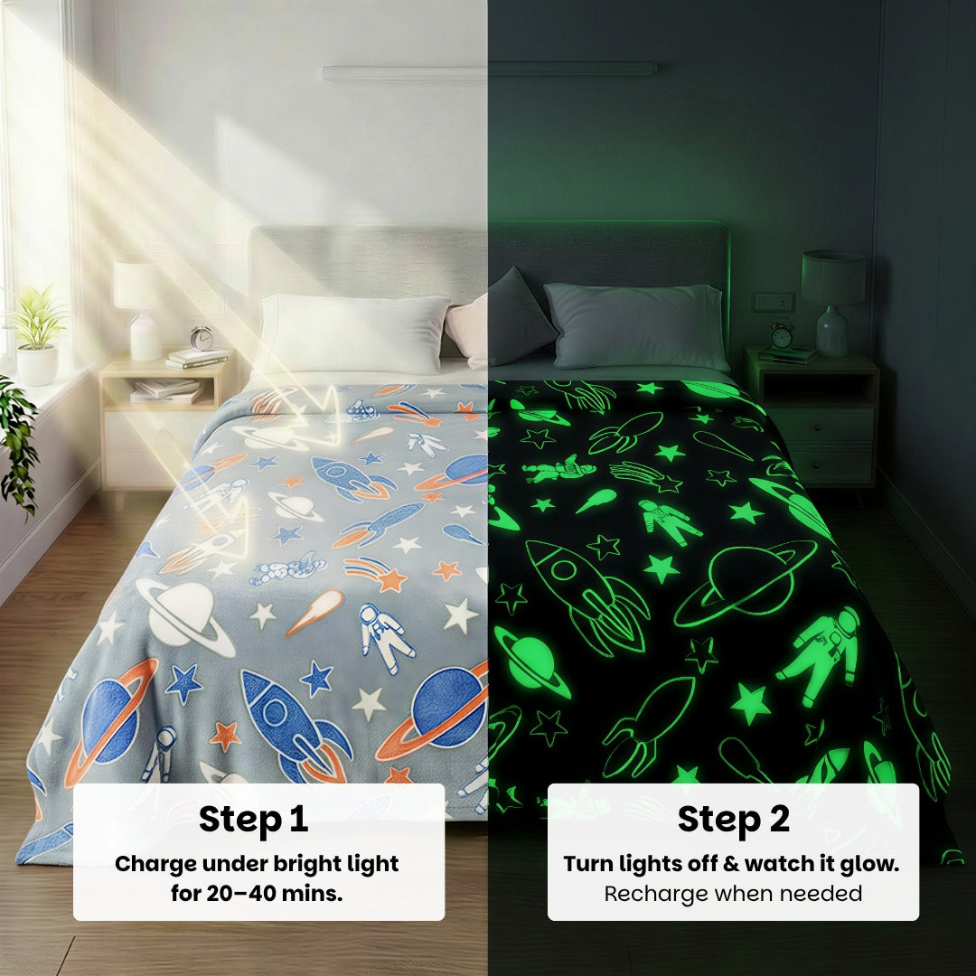 Rocket & Spaceship Glow Blanket | Soft Flannel AC Blanket for All-Season | Perfect Gift for Kids