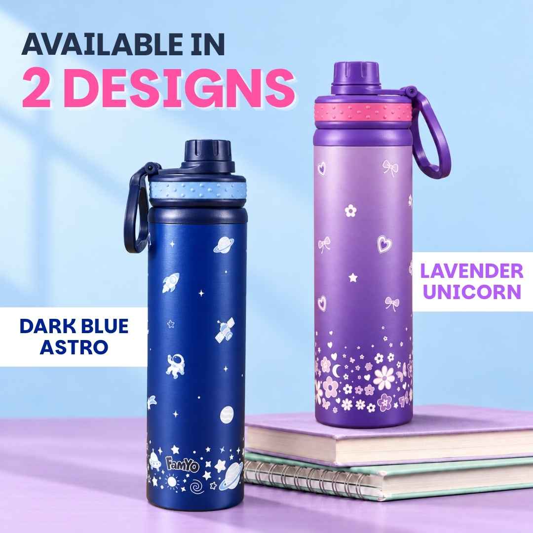 Kids stainless steel water bottle available in June the Unicorn, Rexy the Dinosaur, Leo the Astronaut, Dark Blue Astronaut, and Lavender Unicorn designs, featuring a 900 ml capacity, ideal for school, travel, and everyday hydration.