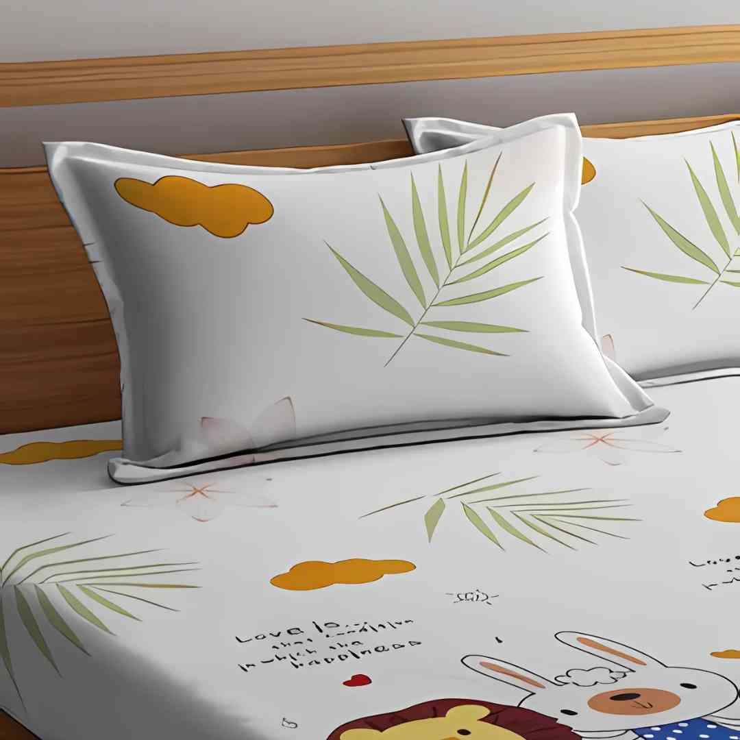 3pc King Size Bedsheet Set – Fitted Bedsheet Pillow Covers Lion Rabbit Kids Bedding